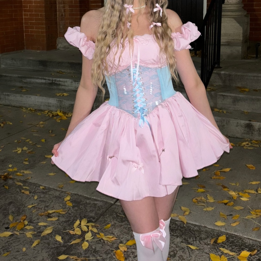 Pink Off-Shoulder Dress with Blue Corset